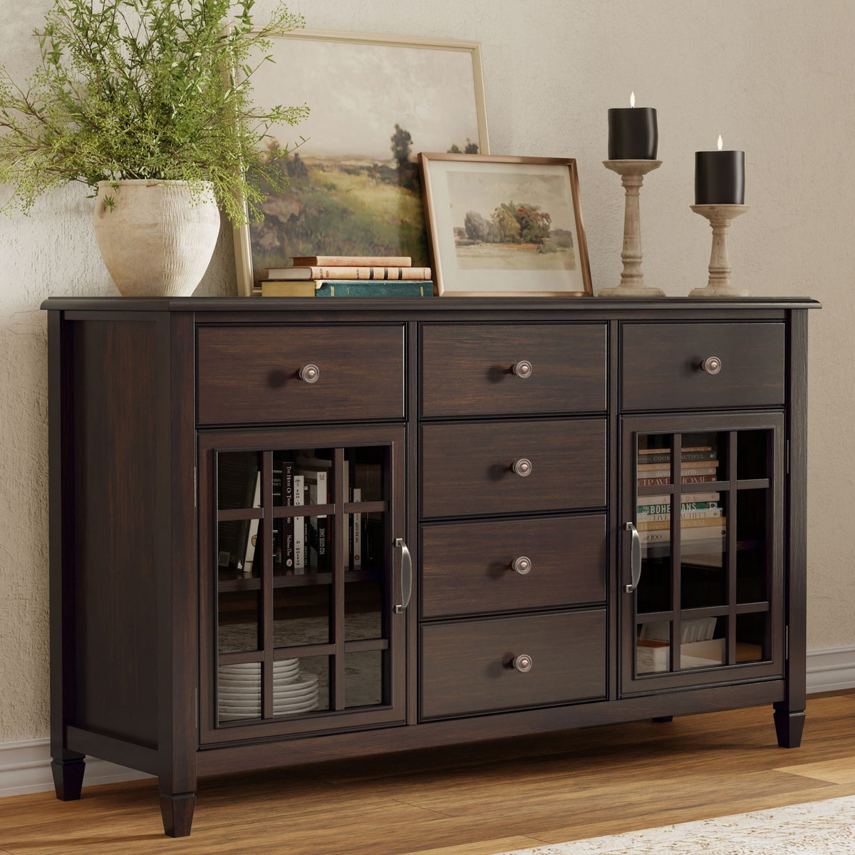 Connaught Sideboard Buffet with glass doors in dark brown finish, ample storage on Tampa Home & Garden Store