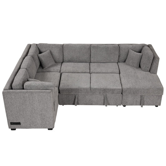 HouseOfZazla grey fabric U-shaped sleeper sectional with storage chaise and plush back cushions on Tampa Home & Garden Store