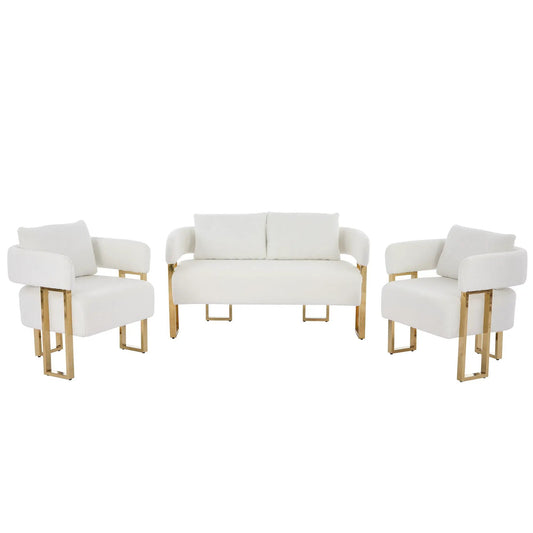 Arm chairs and loveseat in white upholstery with gold metal legs by Unique Piece Furniture on Tampa Home & Garden Store