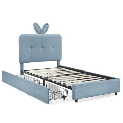 Twin size kids bed with rabbit ear headboard in blue fabric on Tampa Home & Garden Store