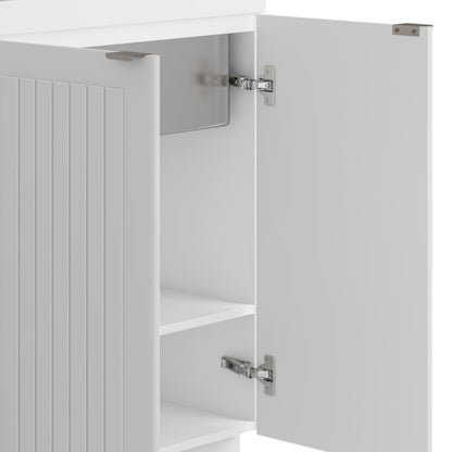 White laundry vanity cabinet with beadboard left door, interior shelf, and chrome hinges on Tampa Home & Garden Store