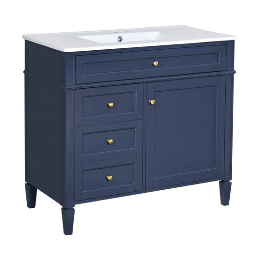 Bathroom vanity with top sink in blue, white sink, 2 drawers and a tip-out drawer on Tampa Home & Garden Store
