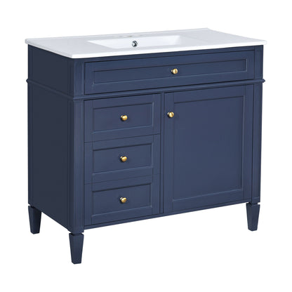 Blue bathroom vanity with top white sink; modern storage cabinet with 2 drawers and tip-out on Tampa Home & Garden Store