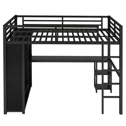 Full Size Metal Loft Bed with Desk and Wardrobe