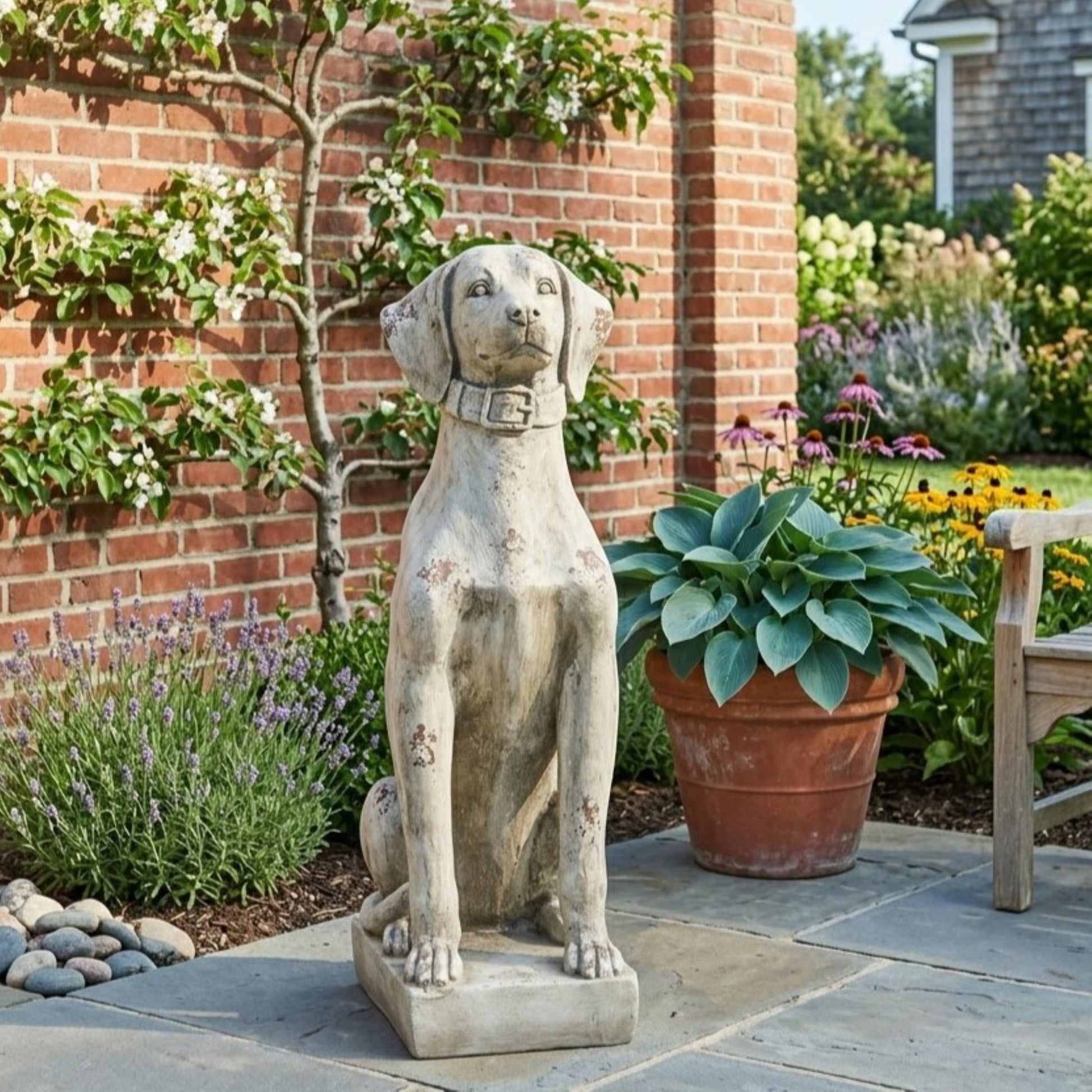 MGO Outdoor Dog Statue Antique weathered stone finish for garden decor on Tampa Home & Garden Store