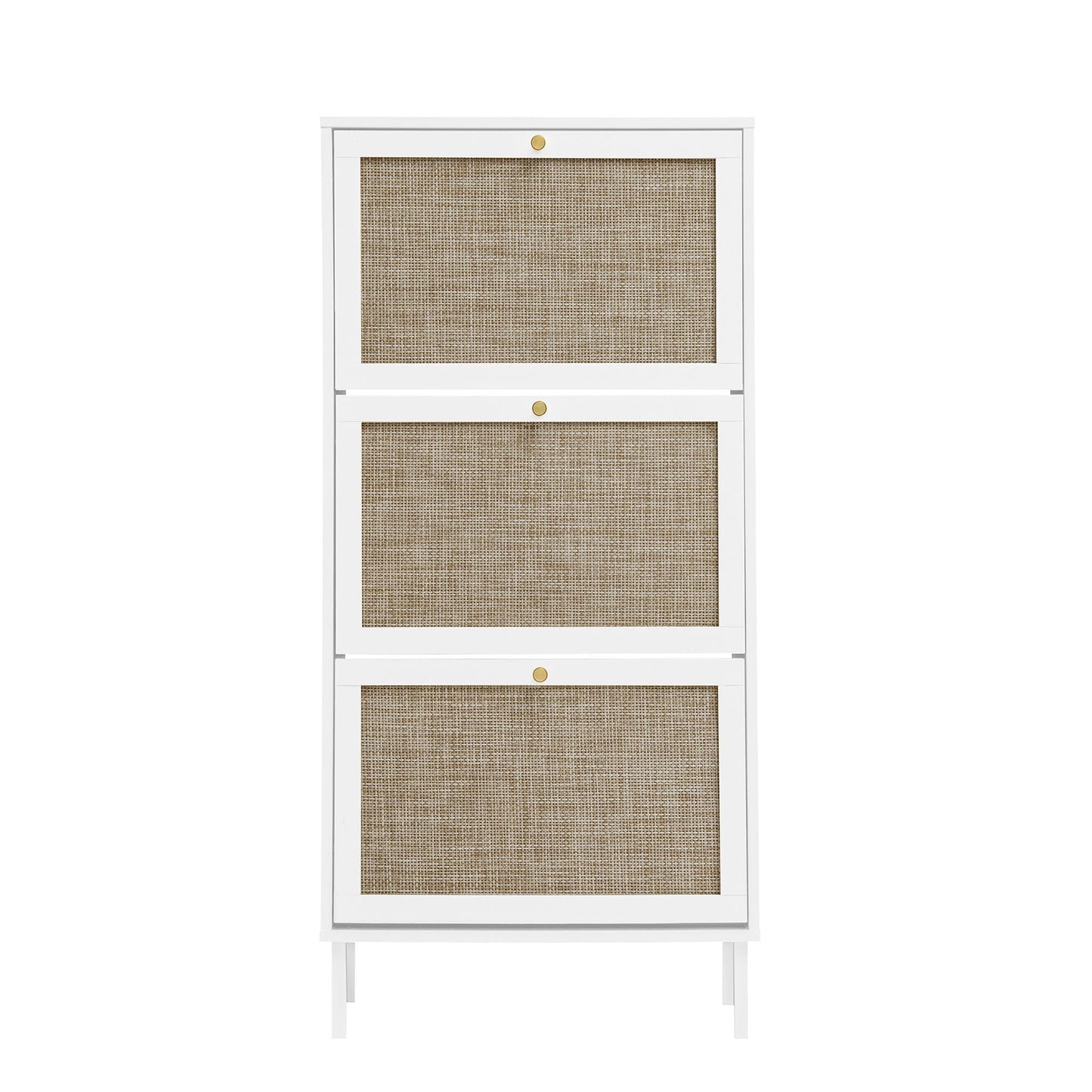 Modern rattan 3-door shoe rack cabinet in white frame with natural woven fronts and brass knobs on Tampa Home & Garden Store
