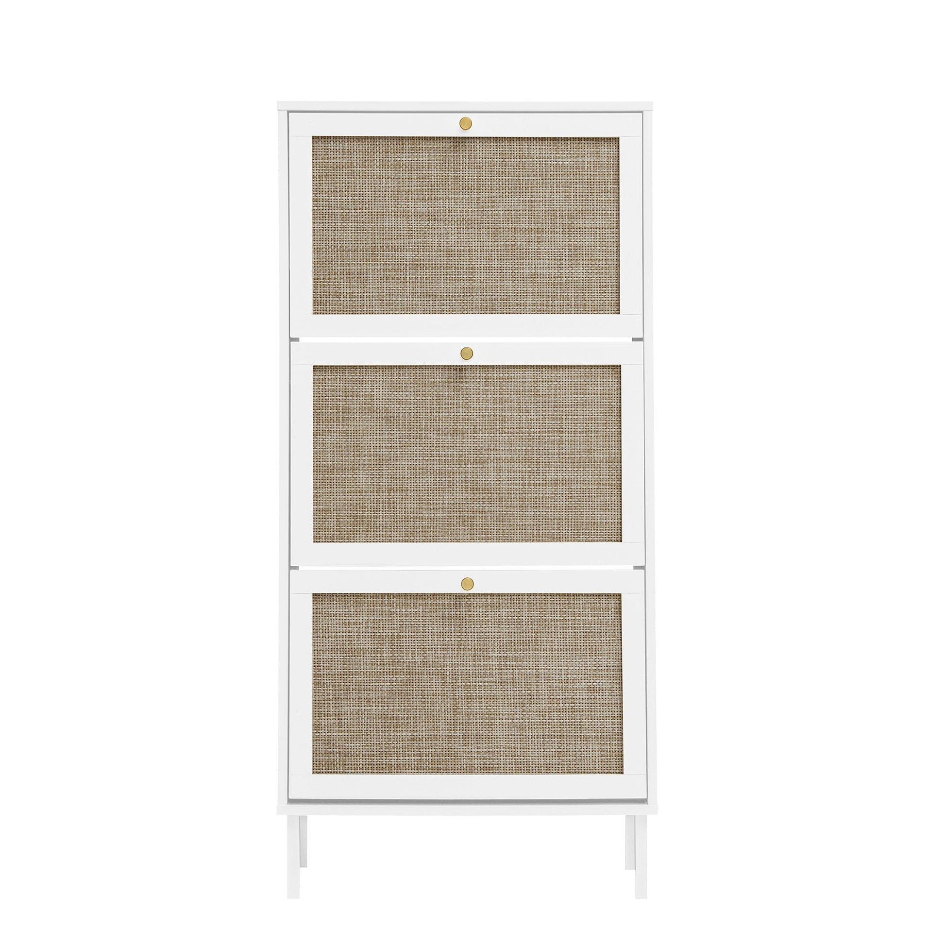 Modern rattan 3-door shoe rack cabinet in white frame with natural woven fronts and brass knobs on Tampa Home & Garden Store