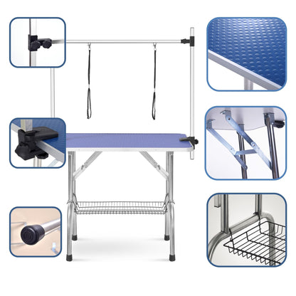 Folding grooming table with stainless steel frame, blue rubber mat, adjustable arm HouseOfZazla on Tampa Home & Garden Store