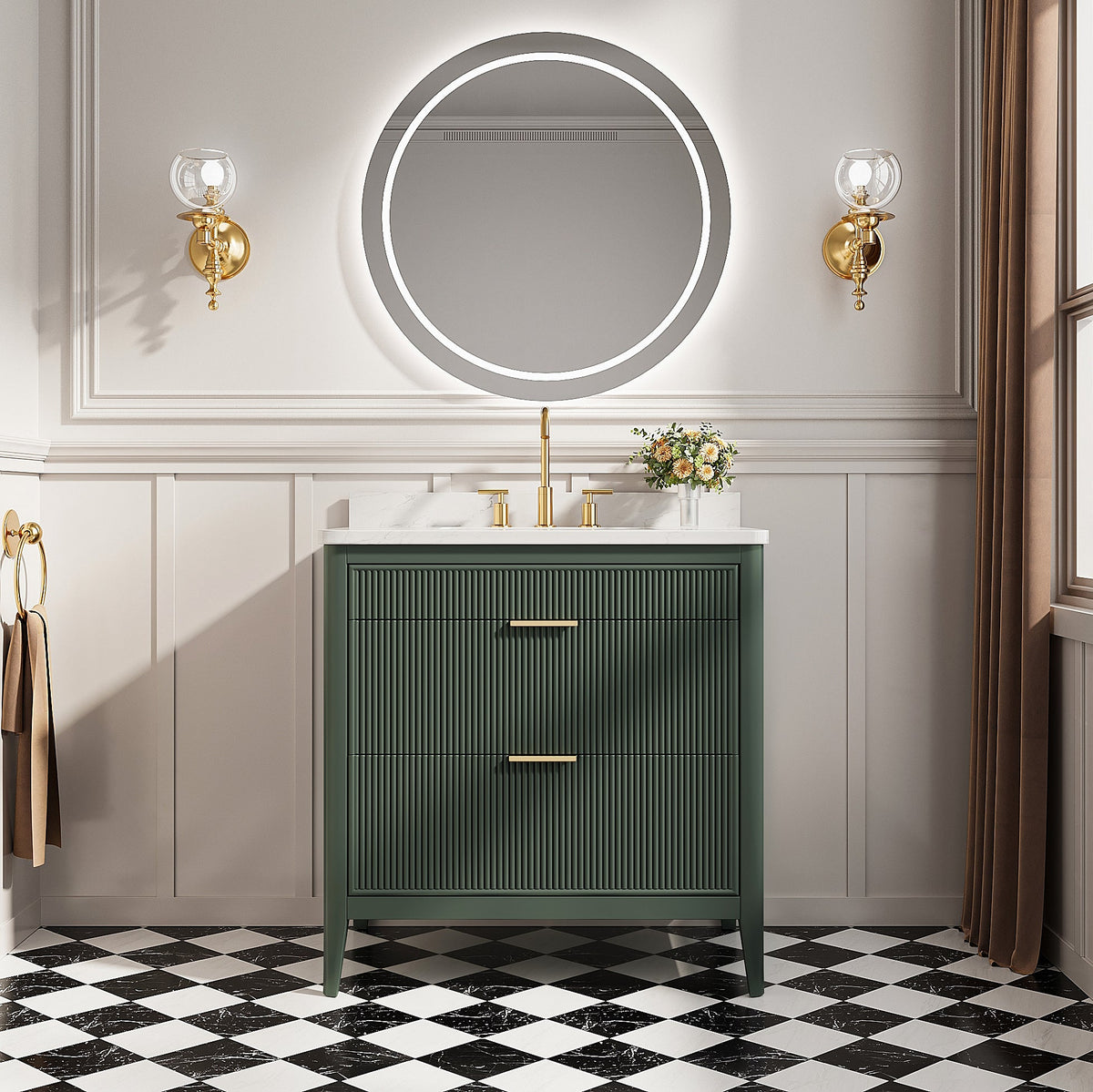 36 Inch solid wood bathroom vanity grey finish with green cabinet, marble top, brass hardware on Tampa Home & Garden Store