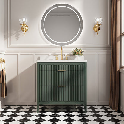 36 Inch solid wood bathroom vanity grey finish with green cabinet, marble top, brass hardware on Tampa Home & Garden Store
