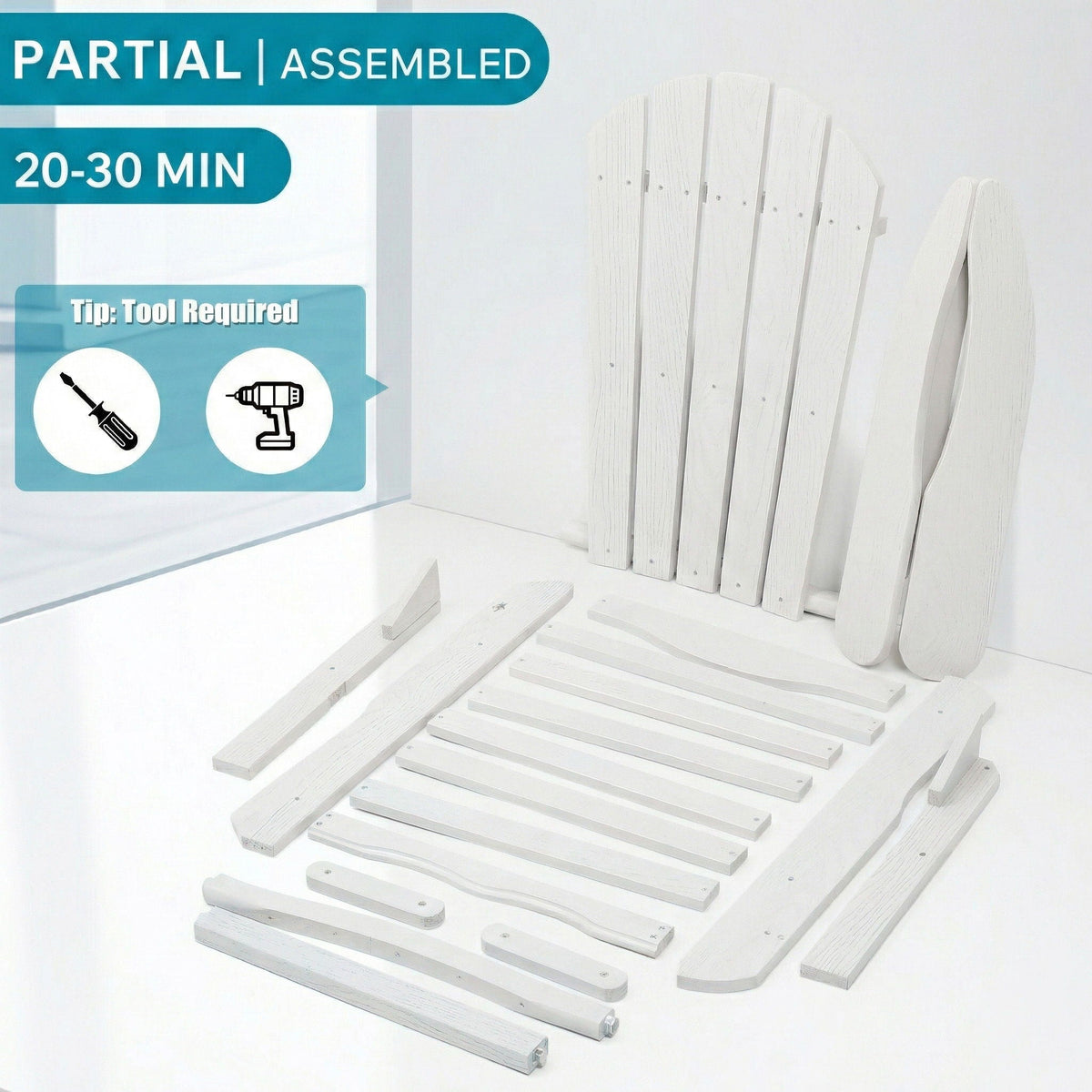 Folding Adirondack lounge chair components set in white with embossed grain texture on Tampa Home & Garden Store