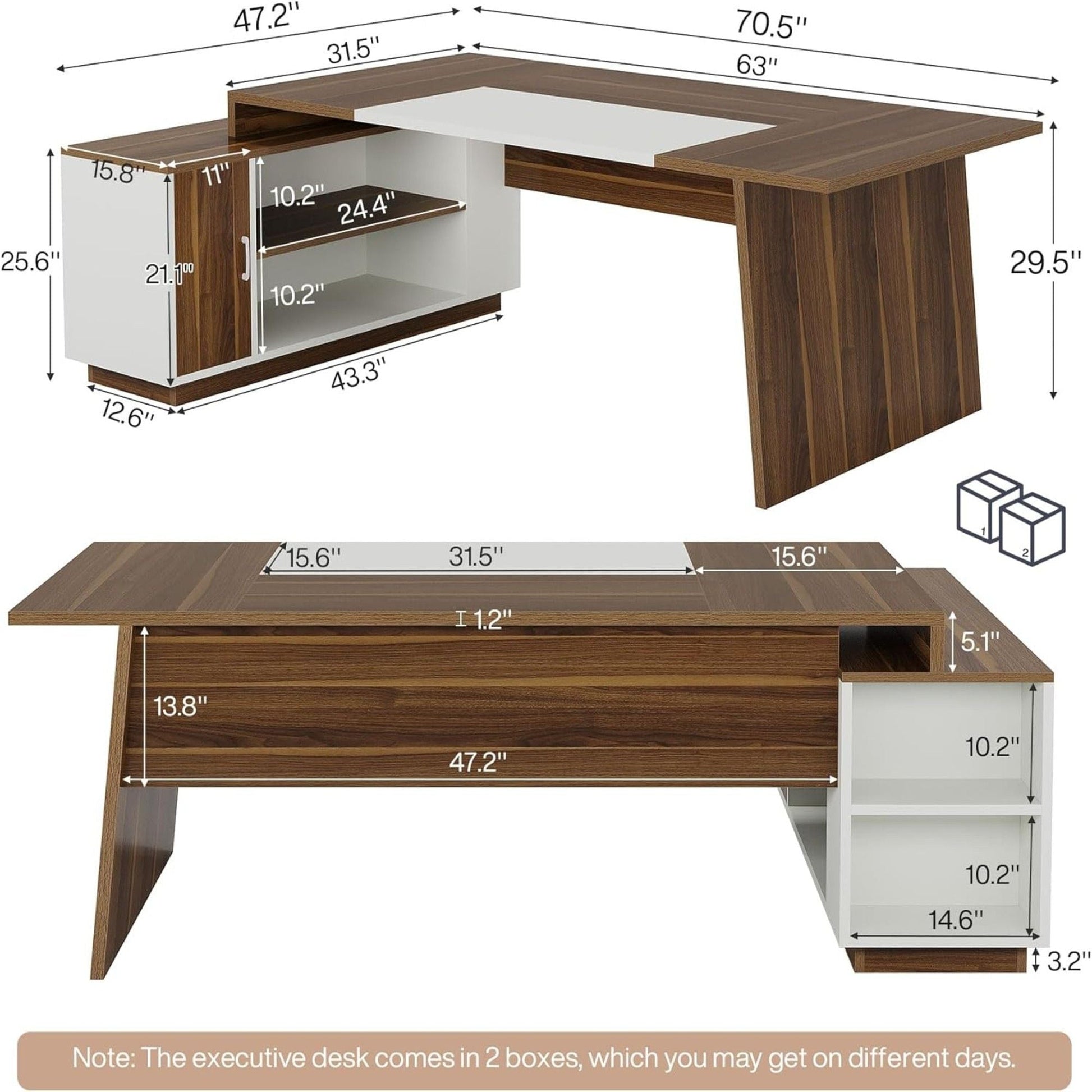 L-Shaped executive desk in white and walnut with storage cabinet and shelves HouseOfZazla on Tampa Home & Garden Store