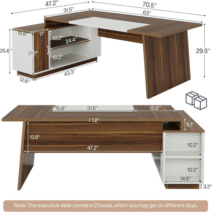 L-Shaped executive desk in white and walnut with storage cabinet and shelves HouseOfZazla on Tampa Home & Garden Store