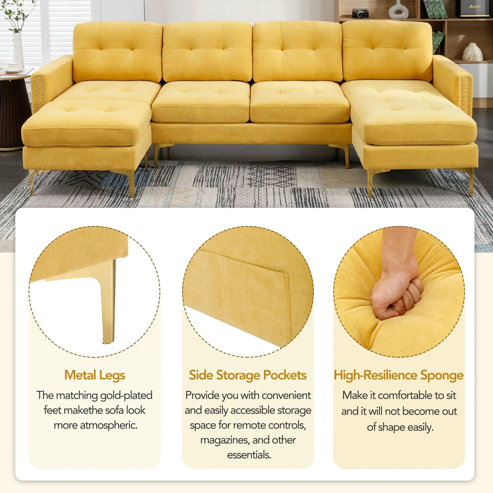 Modern L-Shape convertible sectional sofa with movable ottoman, mustard yellow 2-piece set on Tampa Home & Garden Store