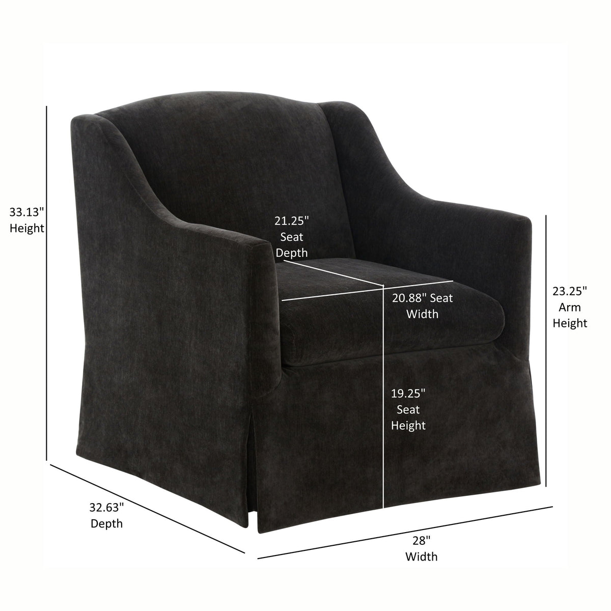 Skirted swivel accent chair with 360° swivel base in dark charcoal upholstery on Tampa Home & Garden Store