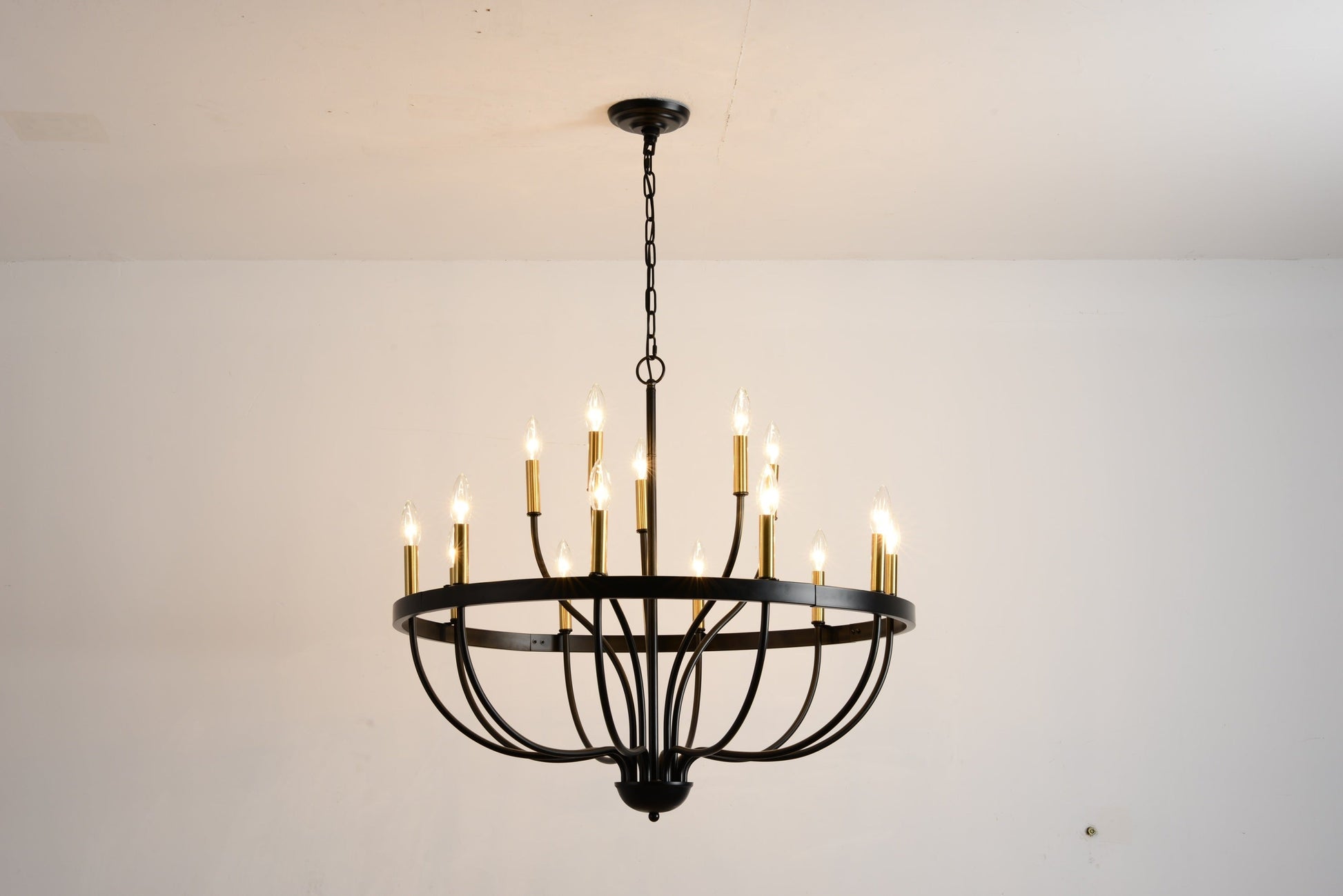 18-Light industrial iron chandelier with black finish and candle bulbs, hanging chain on Tampa Home & Garden Store