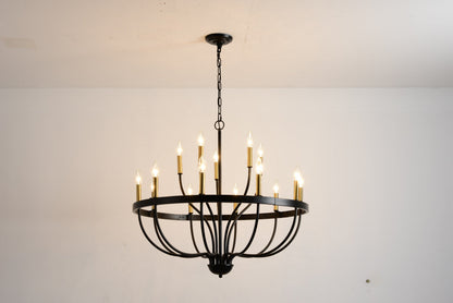 18-Light industrial iron chandelier with black finish and candle bulbs, hanging chain on Tampa Home & Garden Store