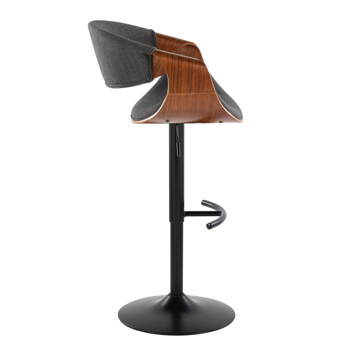 Mid Century Modern adjustable barstool with swivel and wood shell plus gray fabric cushion on a black pedestal on Tampa Home & Garden Store