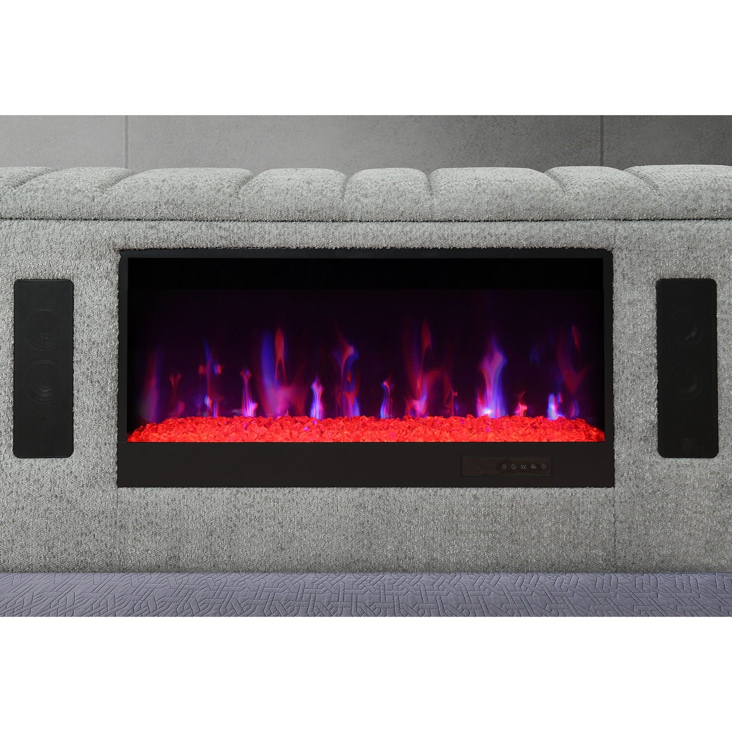 Isaiah bed with TV lift and fireplace, grey upholstery with LED speakers by HouseOfZazla on Tampa Home & Garden Store