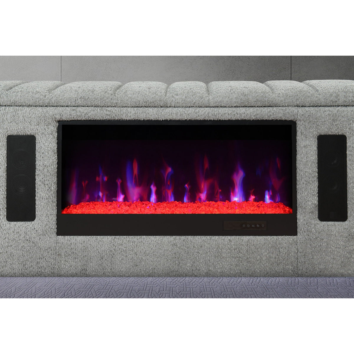 Isaiah bed with TV lift and fireplace, grey upholstery with LED speakers by HouseOfZazla on Tampa Home & Garden Store