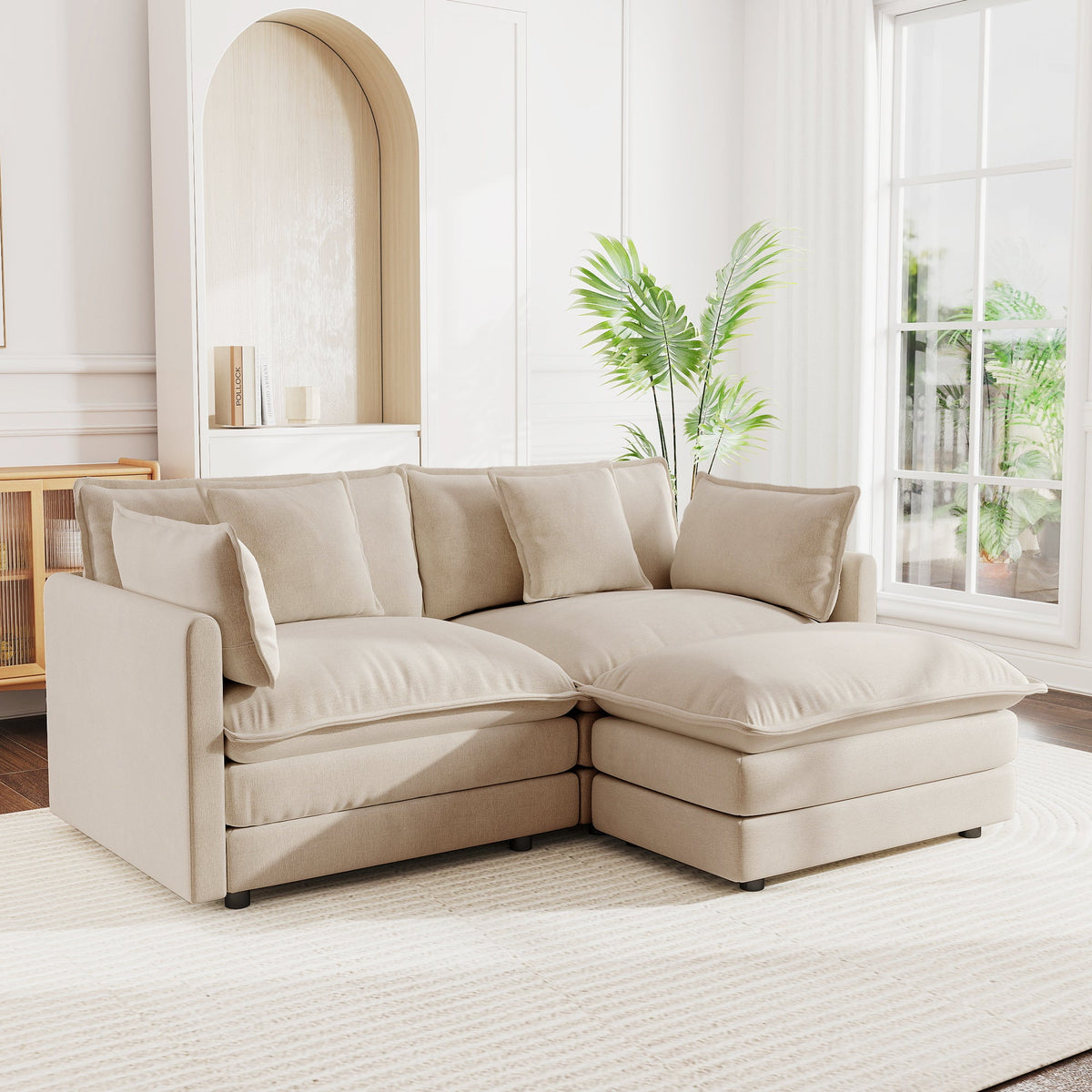 Chenille two-seater sofa with ottoman in beige, HouseOfZazla L-shaped sectional for living room on Tampa Home & Garden Store