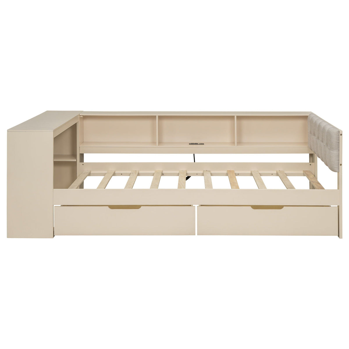 Storage platform bed with cubbies, drawers and charging station in beige HouseOfZazla on Tampa Home & Garden Store
