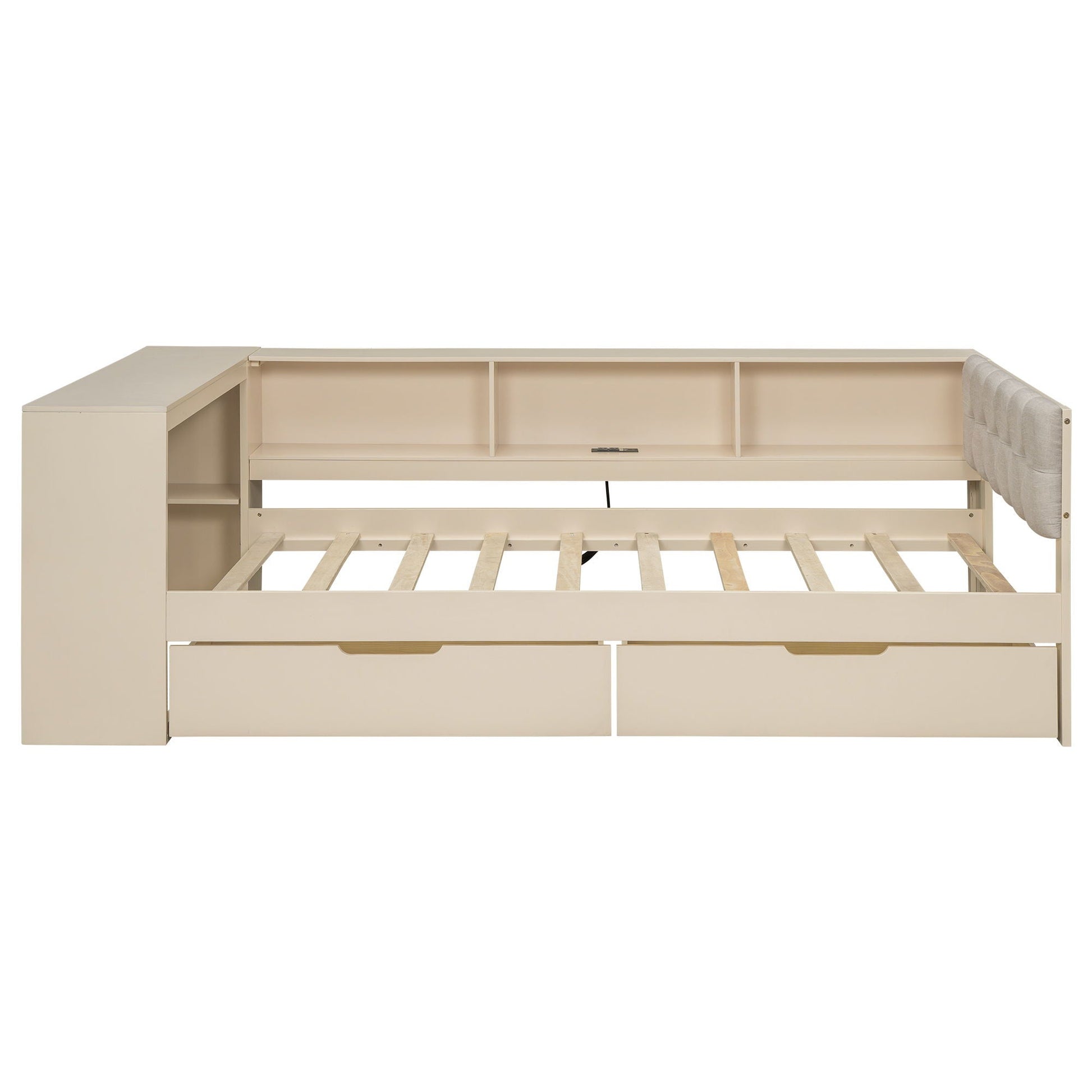 Storage platform bed with cubbies, drawers and charging station in beige HouseOfZazla on Tampa Home & Garden Store