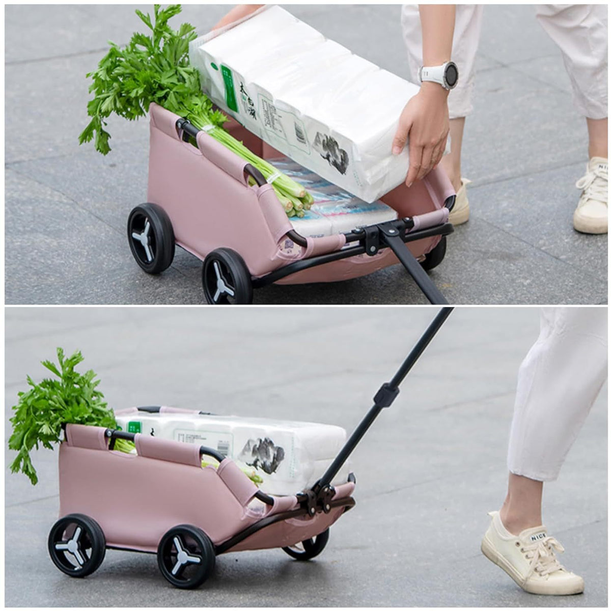 Pet Zen pink pet stroller cart with foldable storage carrying groceries and celery on Tampa Home & Garden Store