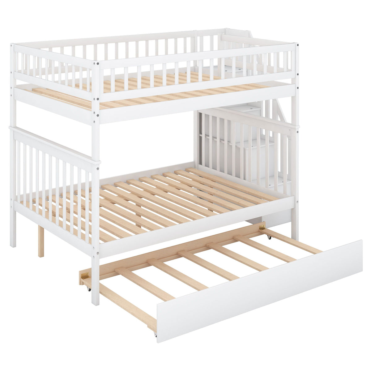 White bunk bed with staircase by HouseOfZazla, dual bunks with wood slat beds on Tampa Home & Garden Store