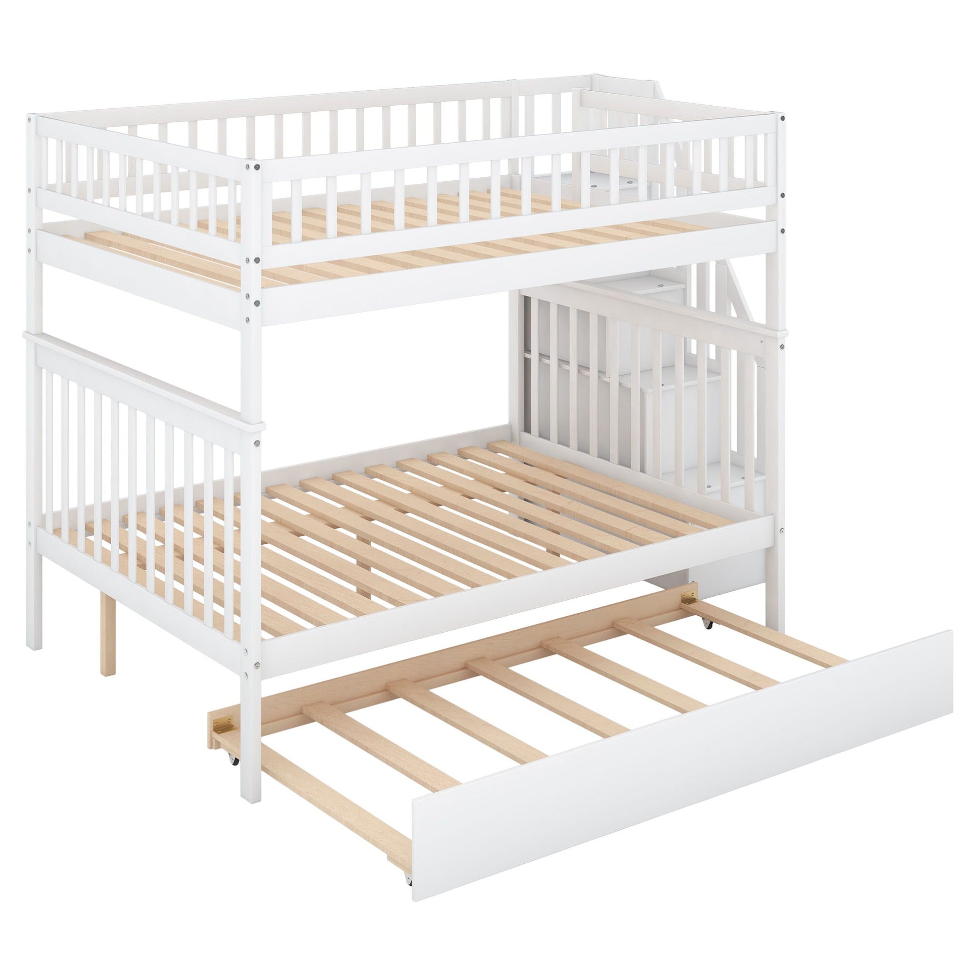 White bunk bed with staircase by HouseOfZazla, dual bunks with wood slat beds on Tampa Home & Garden Store