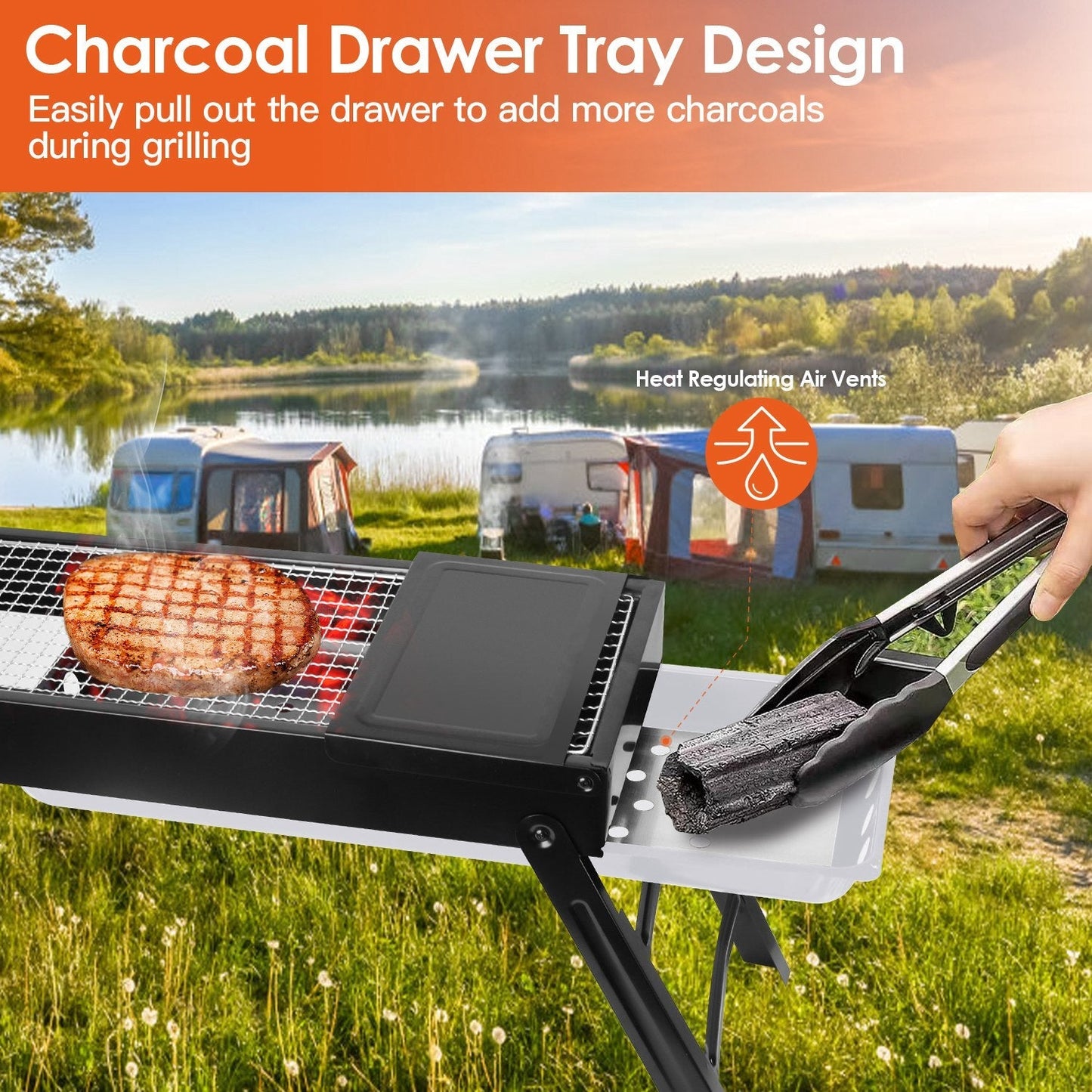 Foldable charcoal BBQ grill by GemGear with shelf, stainless grate, portable tabletop on Tampa Home & Garden Store