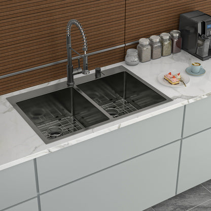 Double Bowl Drop in Kitchen Sink Gunmetal Black
