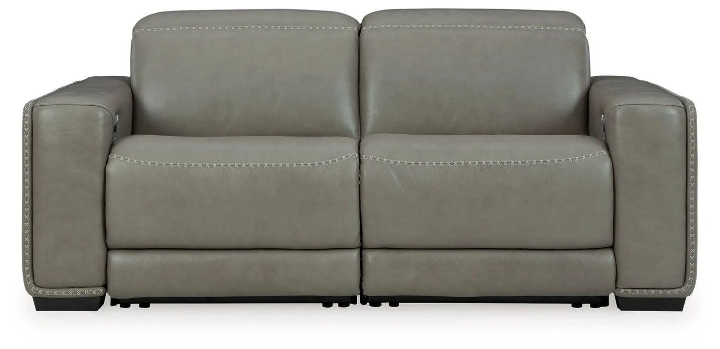 Correze power reclining sectional gray leather with stitched seam detailing on arms and cushions on Tampa Home & Garden Store