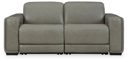 Correze power reclining sectional gray leather with stitched seam detailing on arms and cushions on Tampa Home & Garden Store