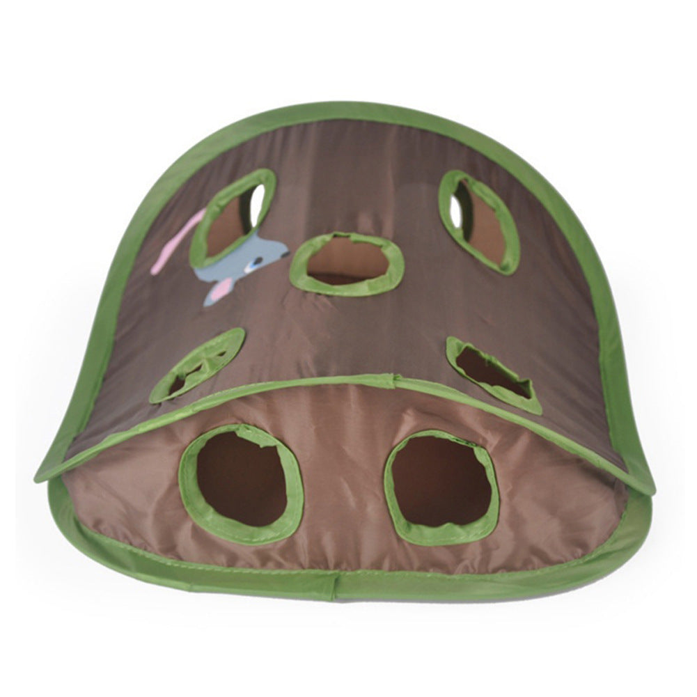 Cat interactive hide-and-seek tunnel with 9 holes, brown fabric and green trim, foldable kitten toy on Tampa Home & Garden Store