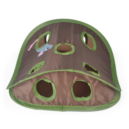 Cat interactive hide-and-seek tunnel with 9 holes, brown fabric and green trim, foldable kitten toy on Tampa Home & Garden Store