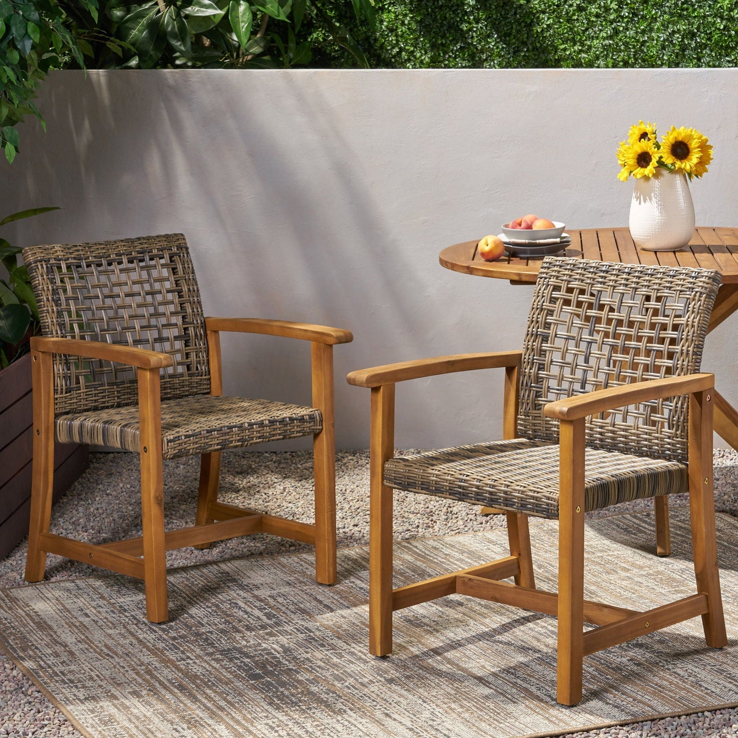 Outdoor dining chairs with acacia wood frames and woven wicker backs, set of 2 on Tampa Home & Garden Store