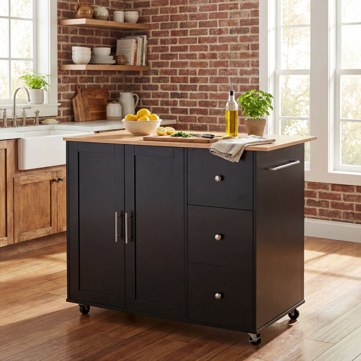 Mobile kitchen cart with storage, black base and natural wood top, 2 doors & 3 drawers on Tampa Home & Garden Store