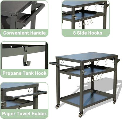 Outdoor Grill Table with 3 Shelves and Wheels