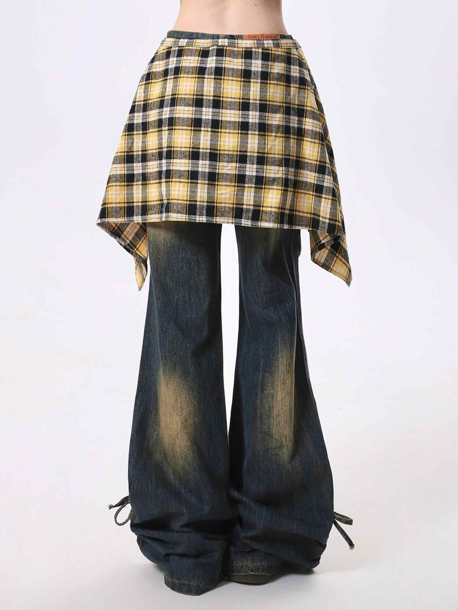 Yellow plaid wrap skirt overlay on dark bootcut jeans with elastic waist on Tampa Home & Garden Store