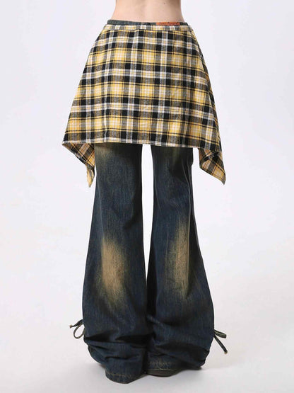 Yellow plaid wrap skirt overlay on dark bootcut jeans with elastic waist on Tampa Home & Garden Store