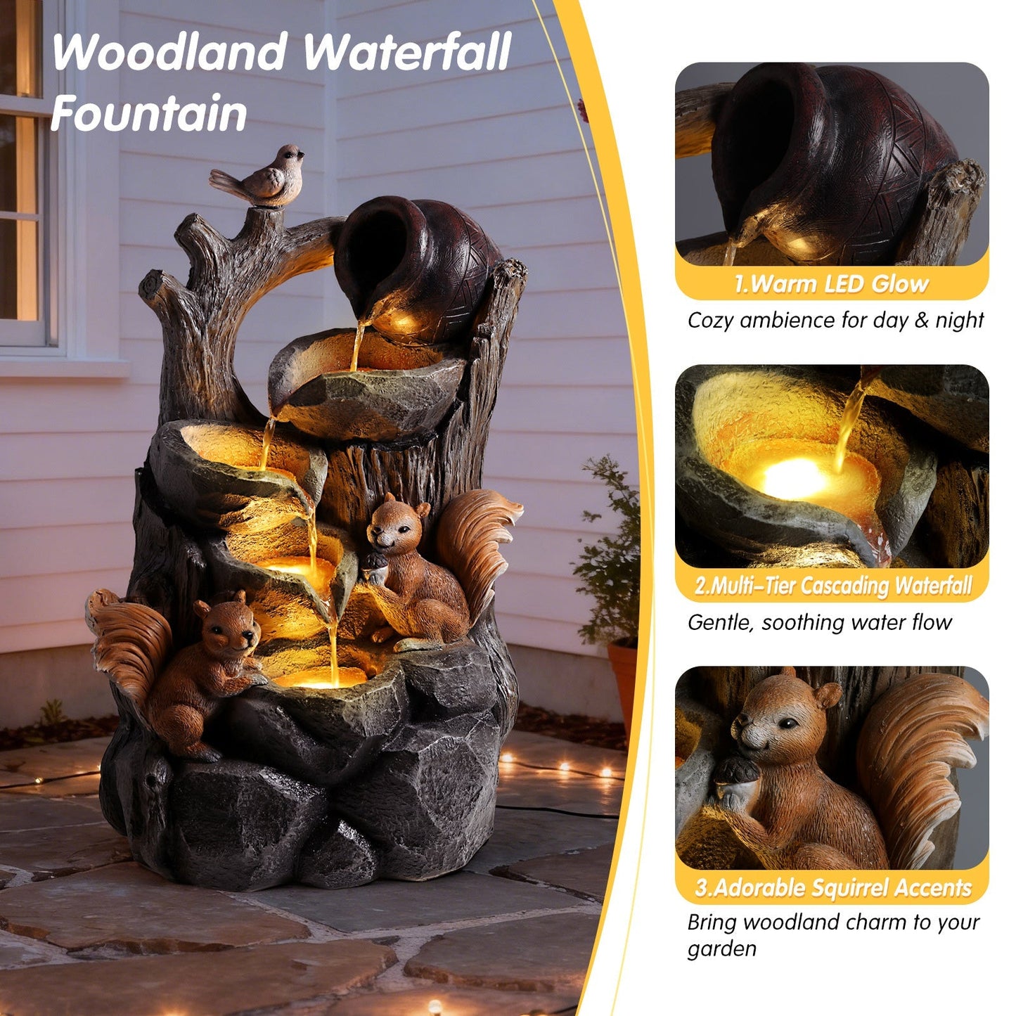 Squirrel Water Fountain with LED glow; tiered fountain with squirrel accents on Tampa Home & Garden Store