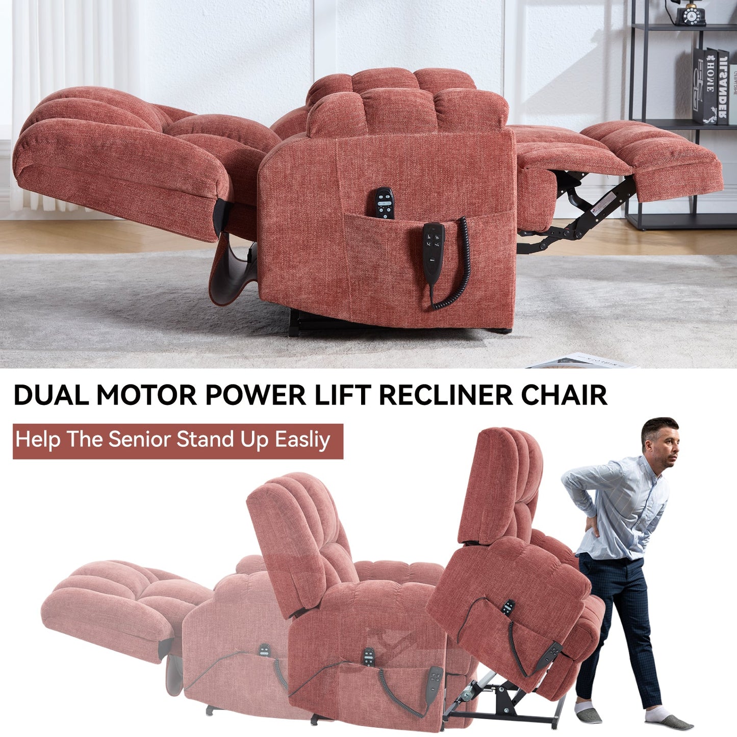 HouseOfZazla dual motor lift recliner in red plush fabric with remote control pocket on Tampa Home & Garden Store
