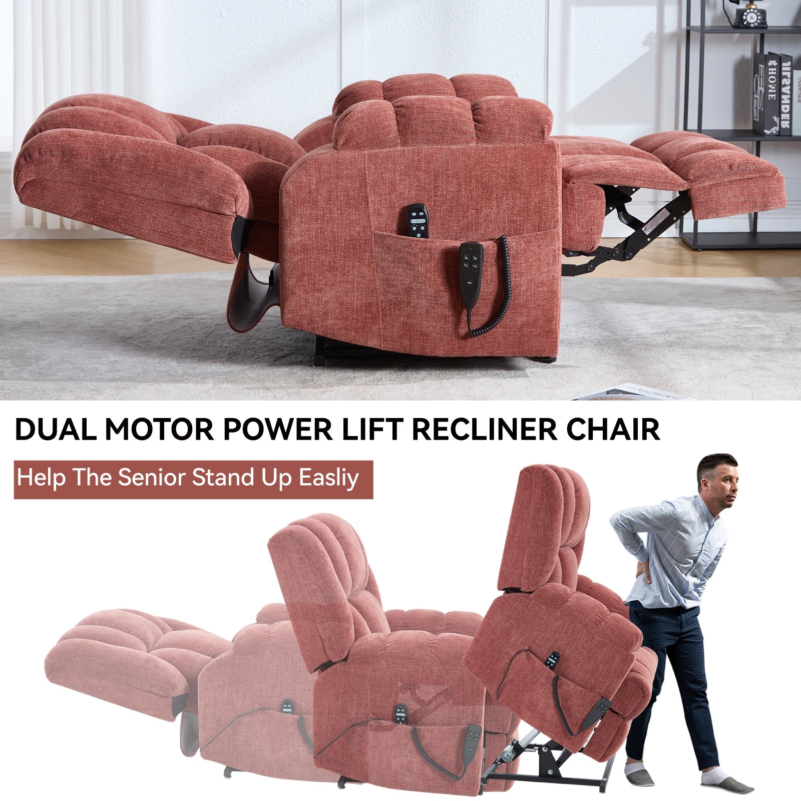 HouseOfZazla dual motor lift recliner in red plush fabric with remote control pocket on Tampa Home & Garden Store