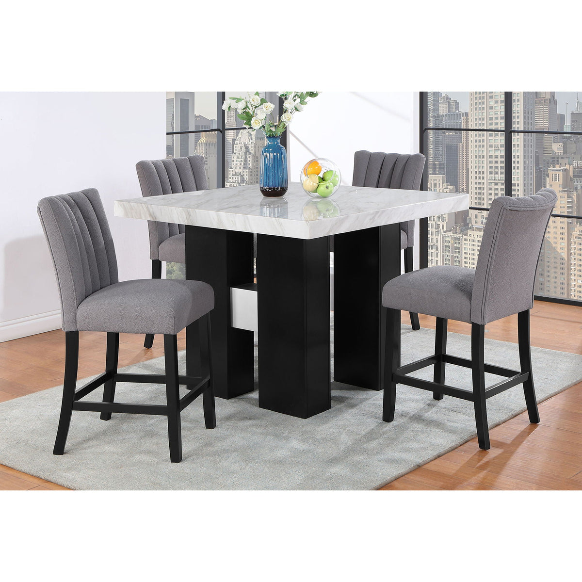 Mikha Bar Table with Thick White Marble Top and black base four gray upholstered stools on Tampa Home & Garden Store