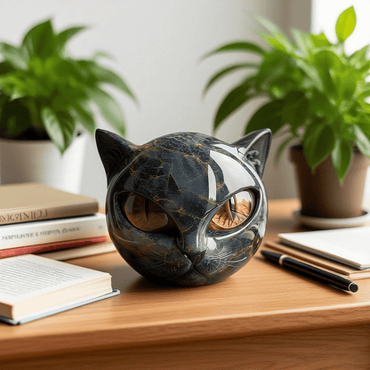 Cat Head Decorative Sculpture in dark marble glaze with amber eyes on a wooden desk on Tampa Home & Garden Store