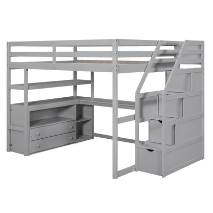 Loft bed with desk, shelves, 2 drawers and storage staircase in gray wood by HouseOfZazla on Tampa Home & Garden Store
