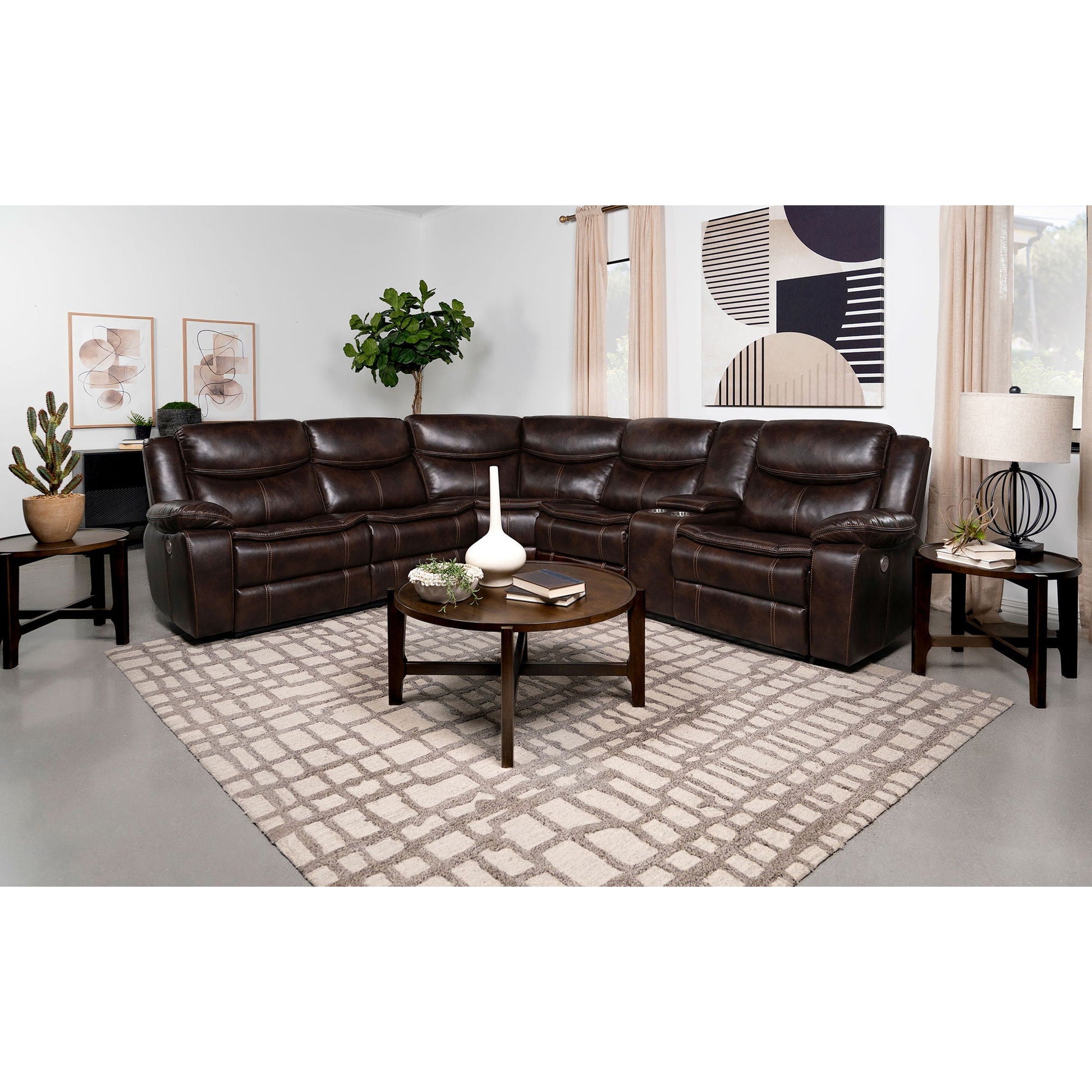 Mclean power reclining sectional sofa with storage console in dark brown leather on Tampa Home & Garden Store
