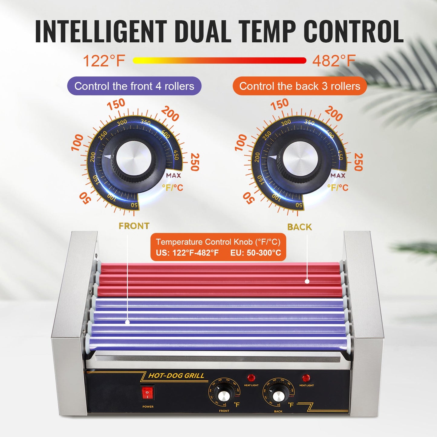 Hot Dog Roller with 7 rollers and 18-dog capacity, 4 red and 3 blue rollers, dual temp control on Tampa Home & Garden Store