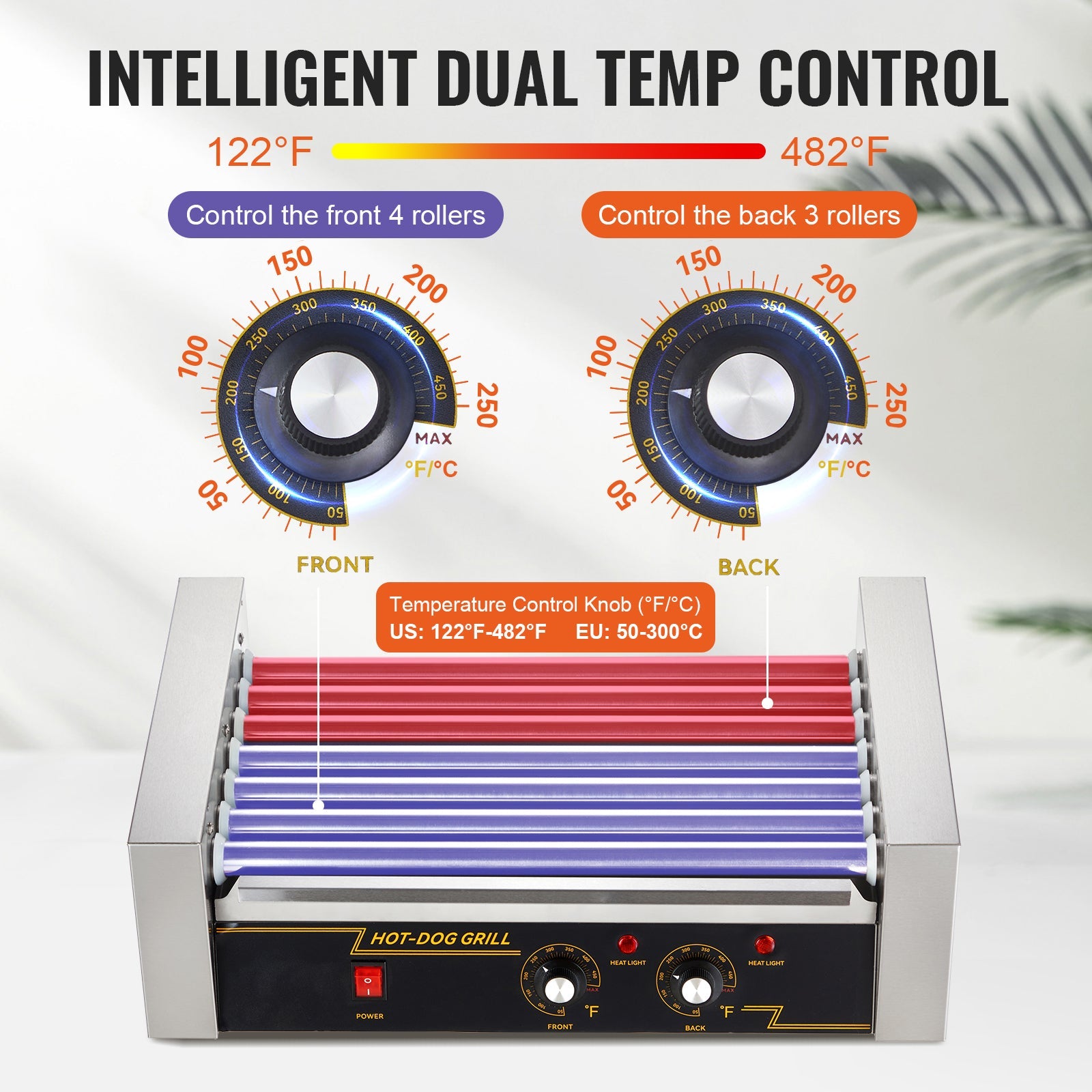 Hot Dog Roller with 7 rollers and 18-dog capacity, 4 red and 3 blue rollers, dual temp control on Tampa Home & Garden Store